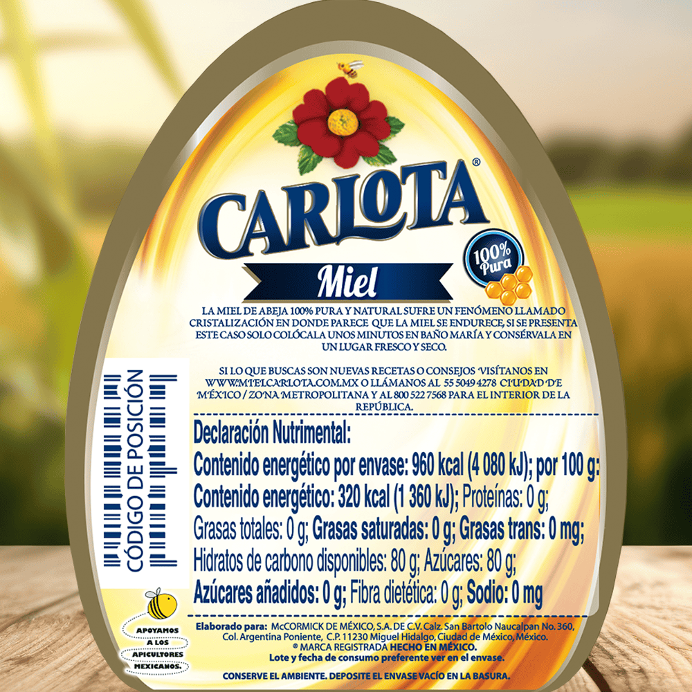 miel carlota información nutrimental tarro de vidrio de 300 gramos